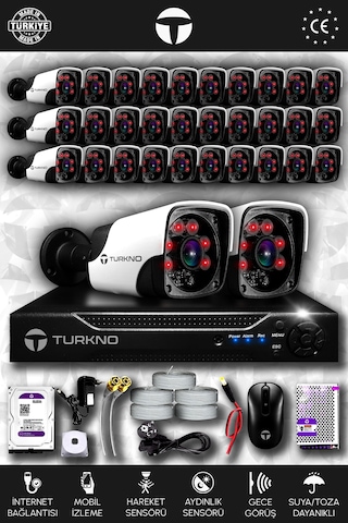 Turkno 32 Kameralı Pania 32 Dış Kamera Set 2 TB HDD Full HD Gece Görüşlü Güvenlik Kamerası Sistemi