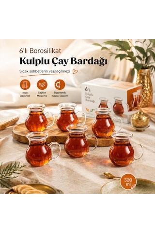 Porsima Keyf-i Ala 6'lı Borosilikat Cam Kulplu Çay Bardağı Seti - Isıya Dayanıklı Şeffaf Cam 320 Ml
