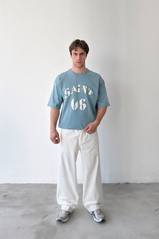 Flaw Saint Nakışlı Oversize Tişört-29519 Mavi