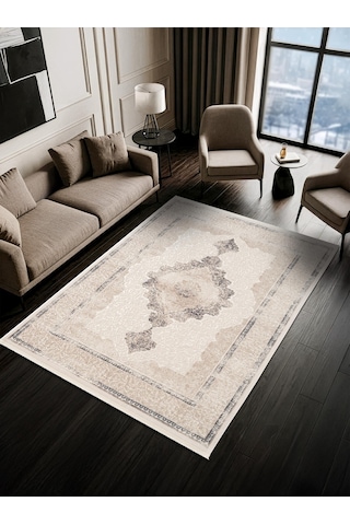 Look Classıc Lk005m Çerçeveli Krem Gri Klasik Desen Akrilik Dokuma Taban Tozuaz Oturma Odası Halısı-1034 Krem - Gri