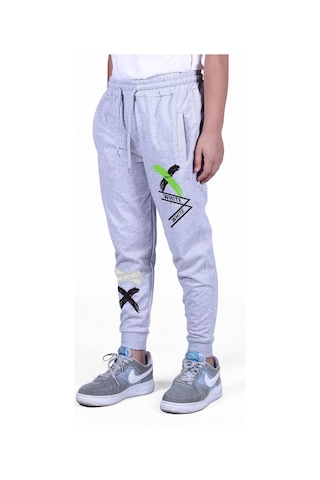 Fyk Kids 2 Li Fermuarlı, Baskılı X Collection Erkek Çocuk Eşofman Altı Gri - Füme