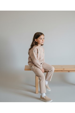 Çiçek Desenli İki İp Kız Çocuk Alt Üst Takım Kahverengi