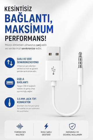 Coverzone İpod Shuffle İle Uyumlu Ent - Usb Şarj Ve Veri Aktarım Kablosu, 3.5 Mm Jack - Usb A Senkronizasyon Kablosu, Şarj Data Bağlantı Kablosu Beyaz