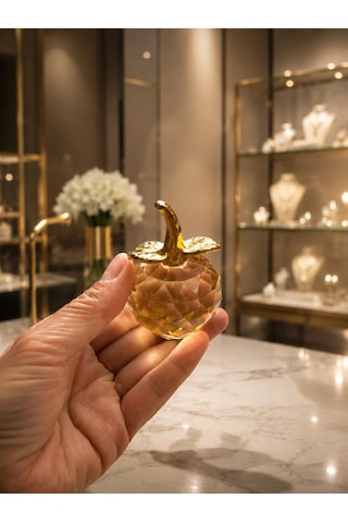 Mini Sarı Kristal Elma Biblo 7.5 Cm Dekoratif Cam Obje Gold Yapraklı Şık Masa Üstü Süsü