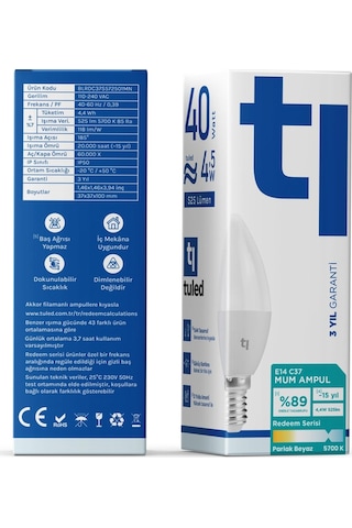Redeem C37S E14 Mum Ampul, Titreşimsiz, Göz Konforu, 525 Lümen, Parlak Beyaz, 5700 Kelvin