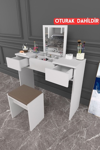 Dekorfim DF02101B Çekmeceli Aynalı Tabureli Puflu Makyaj Masası
