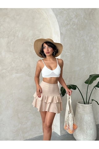 Valonlu Fırfırlı Etek Bej