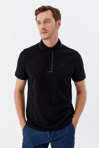 Sabri Özel Siyah %100 Pamuk Gizli Fermuarlı Polo Yaka T-shirt