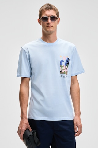 Grımelange SONORA Erkek Baskı Detaylı %100 Organik Pamuk Regular Fit Kısa Kollu Mavi T-Shirt