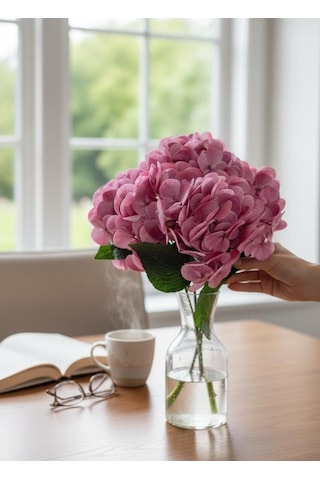 Yapay Çiçek Islak Ortanca Çiçeği Pembe Koyu 45cm 5dal Islak Gerçeksi Dokulu Pembe