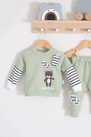 Gift For You Desenli 2'li % 100 Pamuk Erkek Bebek Takımı Yeşil