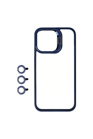 Apple Uyumlu iPhone 15 Pro Kılıf Kamera Lens Korumalı Standlı Zore Klon Lensli Kapak Lacivert
