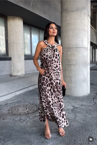Lava Design Halter Yaka Leopar Desenli Uzun Elbise