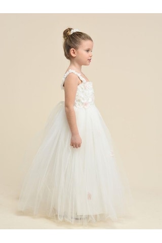 Zekids Kız Çocuk Çiçekli Askılı Uzun Abiye Elbise-13860 Krem