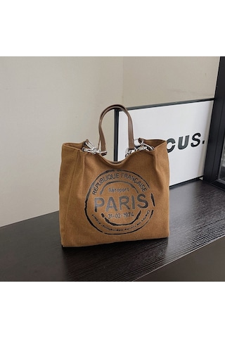 Taşınabilir Kanvas Çanta Kadın Sonbahar Yeni Dayanıklı Şık Kore Harfli Tote Çanta Rahat Büyük Kapasiteli Banliyö Çantası Kahverengi Ana Resim Rengi Diğer