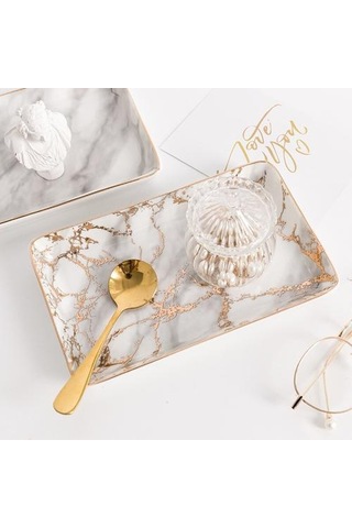 Seramik Depolama Tepsisi Nordic Stil Dikdörtgen Mermer Desen Pratik Dekorasyon Ev Alanı Tasarruflu Mutfak Gıda Takı Depolama Tepsileri Altın Ahşap - Beyaz