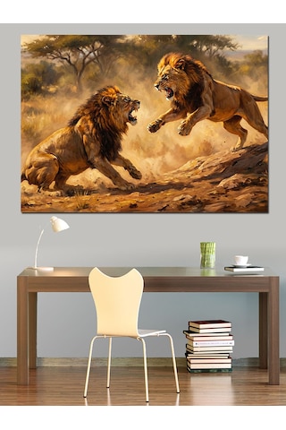 Ahşap Tablo Kavga Eden İki Aslan Tablosu