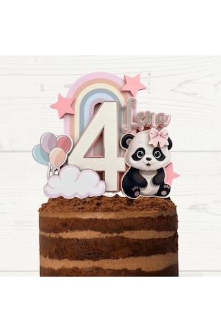 Panda Temalı Kız Çocuk Doğum Günü İsme Özel 3d Pasta Parti Süsü Cake Topper Çocuk