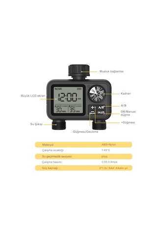 Shopytech Çift Çıkışlı Dijital Sulama Zamanlayıcı Ipx5, Lcd Ekranlı Yağmur Erteleme A/b Bağımsız Pro