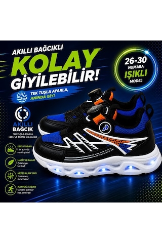 Promax Akıllı Bağcıklı Işıklı Çocuk Spor Ayakkabı Siyah-sax 26-30 Kolay Giyilebilir