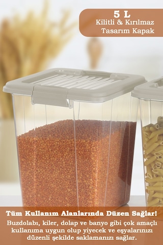 4'lü Organizer Box 5 L Un Bakliyat Erzak Kabı - Kilit Kapaklı Düzenleyici Deterjanlık Saklama Kutusu Bej