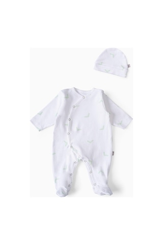 Boumini Bebek Patikli Tulum Şapka Set Beyaz Desenli Yeşil Tik Yeşil
