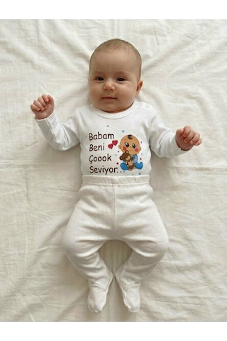 Bambık Babam Beni Çoook Seviyor Yazılı Uzun Kollu Bebek Body Zıbın Beyaz