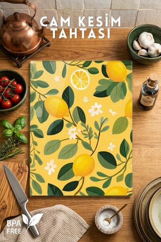 Limon Desenli Cam Kesim Tahtası - 25x35cm -dayanıklı Ve Pratik Kesim Matı Sarı