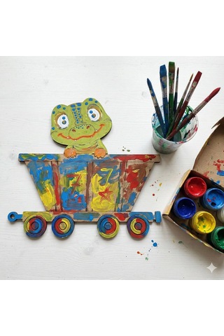 Boyanabilir Ahşap Vagonlu Dinozor Figürü 13x13 Cm 10 Adet