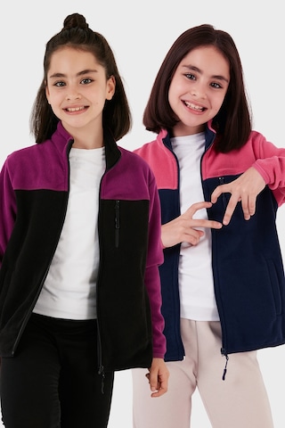 Lela Yumuşak Dokulu Fermuarlı Renk Bloklu Dik Yaka Cepli 2'Li Paket Hırka Çocuk Polar 5905001S2 Fuşya Lacivert-Mor Siyah