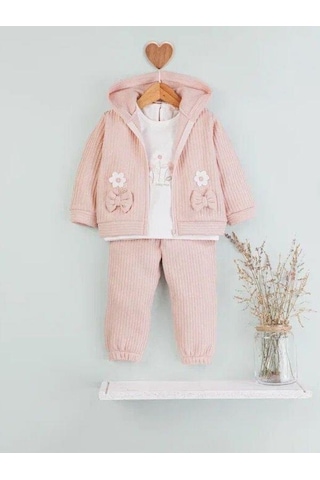 Baby Rose Kız Bebek Papatya Nakışlı Hırkalı 3lü Eşofman Takım-14922 Pudra
