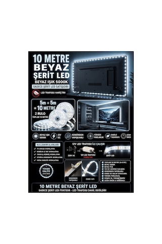 10 Mt Beyaz, Şerit Led Bantlı ,mutfak Dolabı Tezgah Aydınlatması Led 12v ,yapışkanlı Led Işık Trafo Hariç 5+5 Mt 2 Rulo 10mt Beyaz-6500k