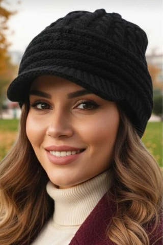 Tezzgelsin Kadın Çift Kat Siperli Triko Örme Bere Triko Bere Siyah