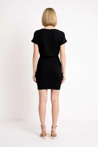 Benerly Kadın Kolsuz Bodycon Mini Elbise Kayık Yaka Düşük Kol Detaylı %97 Siyah