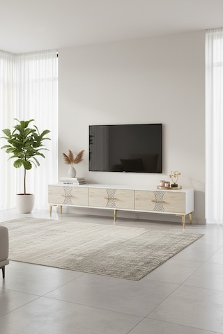 Tsa1832atg Slim Tv Stand, Tv Sehpası Antrasit-traverten-gold 180cm