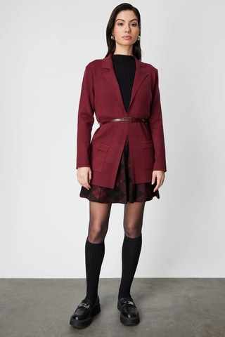 On Fashion Kadın Önü Açık Cepli Kemerli Bordo Hırka 69907 Bordo