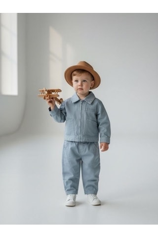 Zekids Erkek Çocuk Fermuarlı Ceket Ve Pantolon İkili Takım-17095 Mavi