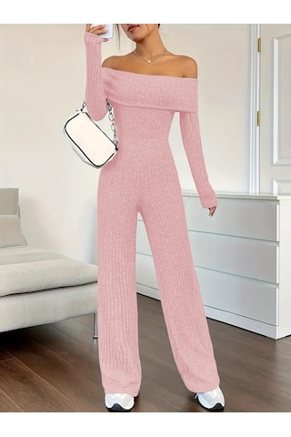 Ge Ticaret Kadın Uzun Kollu Madonna Yaka Şardonlu Kaşkorse Tulum Pembe