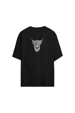 Thewert Unisex İskoç Sığır Baskılı Siyah Oversize Tshirt