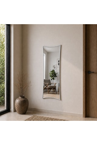 Modern Kavisli Boy Aynası 40x120 Cm Dalgalı Formlu Minimalist Dekoratif Duvar Aynası Gümüş