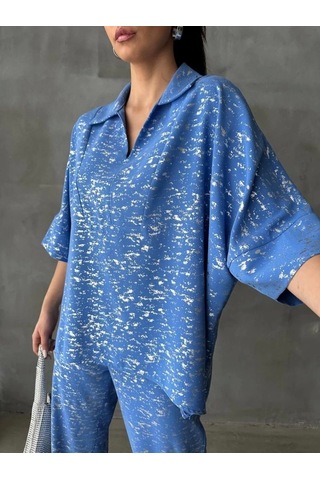 Defymoda Varaklı Bluz Pantolon Takım - Mavi Mavi