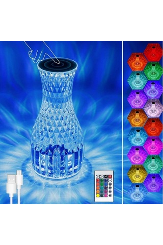 Akrilik Lamba Led Sürahi Formlu Usb Şarj Edilebilir Kumandalı 16 Farklı Işık Modlu Masa Üstü Kristal .