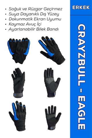 Crazybull Eagle Mavi / Su Ve Rüzgar Geçirmez Kışlık Erkek Motosiklet Eldiveni + Buff