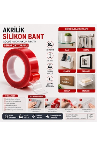 Şeffaf Çift Taraflı Akrilik Silikon Bant 1,5 Metre 18 Mm Ekstra Güçlü 1 Adet Çok Renkli