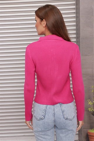 Aqe Fashion Çift Açılır Fermuarlı Polo Yaka Hırka Fuşya