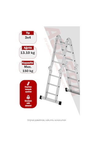 Asvera 3.7 Metre Çok Amaçlı Akrobat Merdiven - 12 Basamaklı 4x3 Katlanır Profesyonel Merdiven