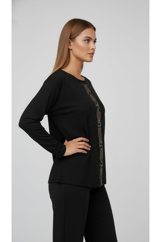 Taş Desenli Uzun Kollu Bambu Viskon Kumaş Bluz Siyah 2