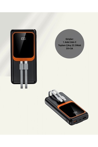 20000 Mah Taşınabilir Powerbank Çok Kablolu, Hızlı Şarj Destekli 22.5w Siyah
