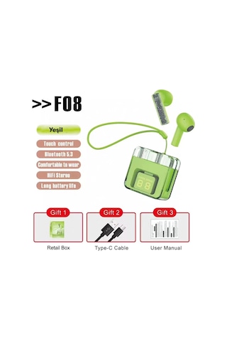Karler Bass F08 Dijital Şarj Göstergeli Tws Bluetooth Kulaklık - Yeşil