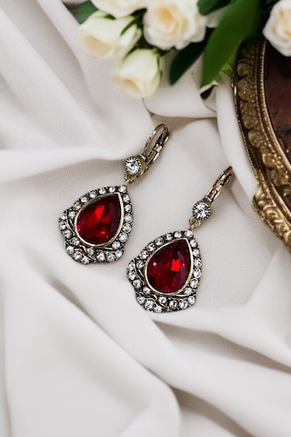 Kristal Taşlı Antik Bronz Su Damlası Küpe Kırmızı